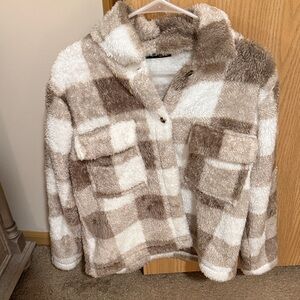 SHEIN Plaid Fuzzy Cardigan - Brown and Cream